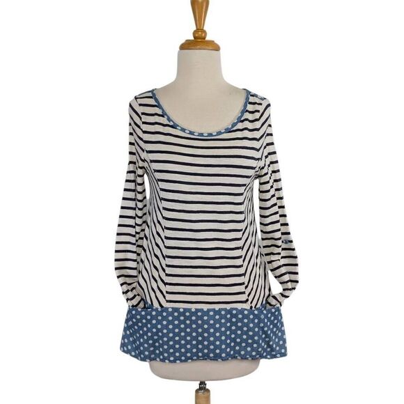 Anthropologie S Postmark Fairley Striped Polka Dot Tunic Top Boho Mod Retro Blue - Picture 2 of 7